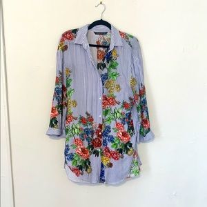 ZARA floral blue striped bold button down tunic dress XS-S